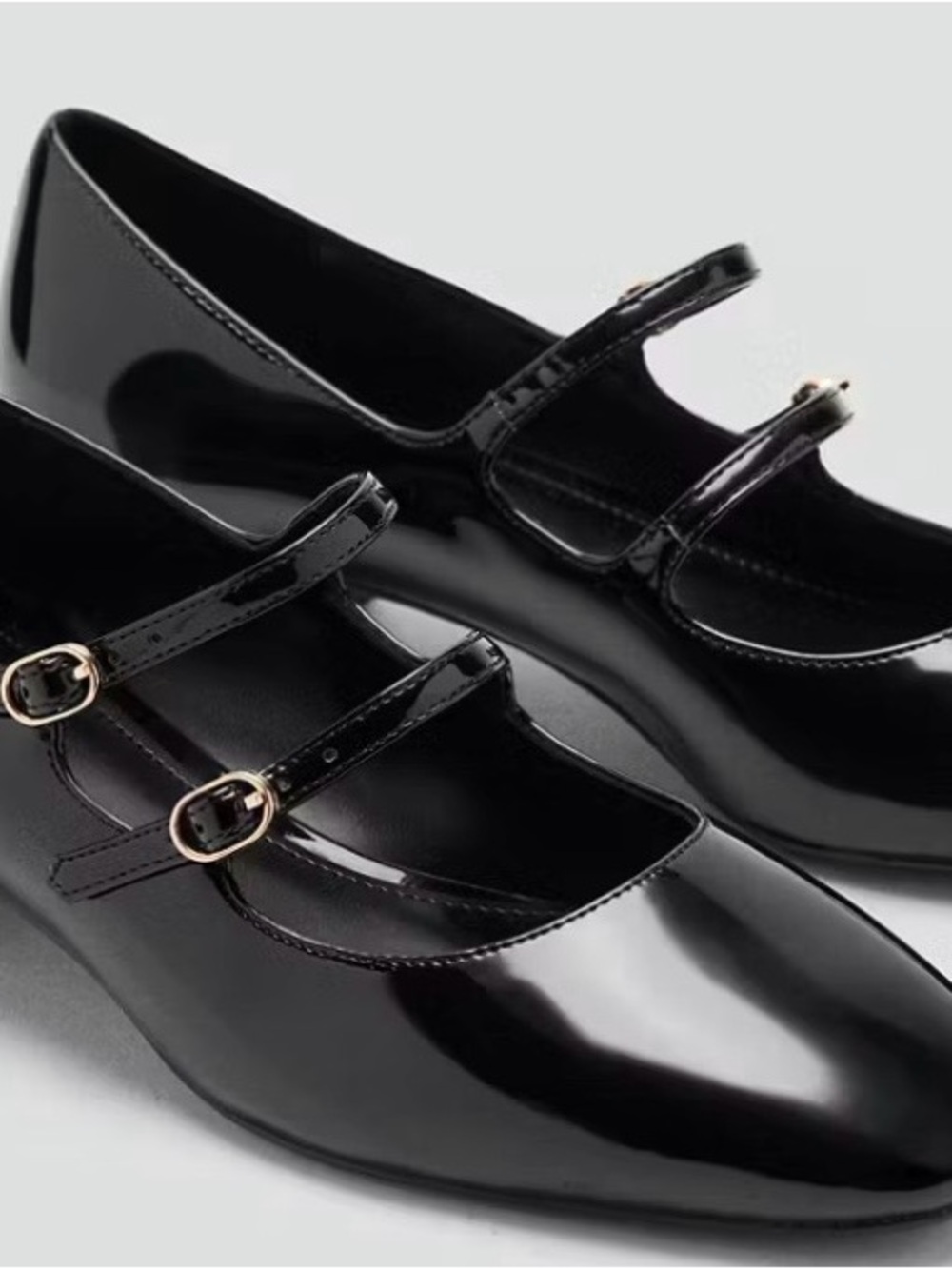 Mango Black Patent Double-Strap Mary Jane Flats with Gold Buckles